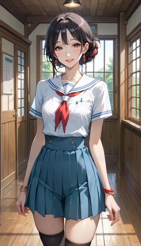 score_9, score_8_up, score_7_up,  source_anime,masterpiece,best quality,beautiful detailed eyes, beautifully detailed lips, extremely detailed eyes and face,  long breasts, 1 female, 45 years old ,mature woman,smile , school uniform,Hide and take off your ...