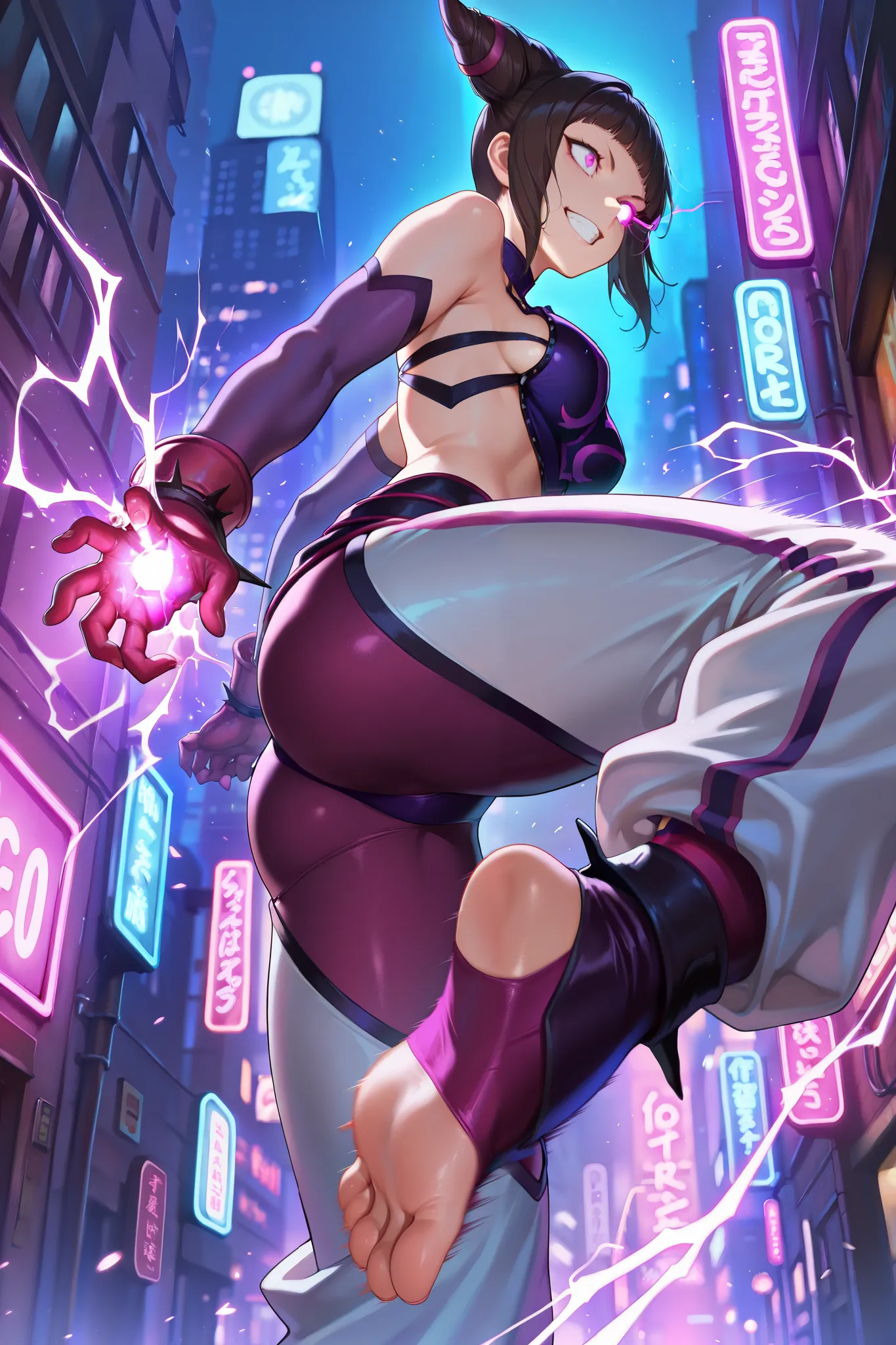 masterpiece,best quality, amazing quality, very aesthetic, 1girl, solo, absurdres, juridgog, large breasts, kicking, motion blur, one glowing eye, electricity, grin, halterneck, from behind, from below , light particles, neon lights, city, glowing, blurry ...