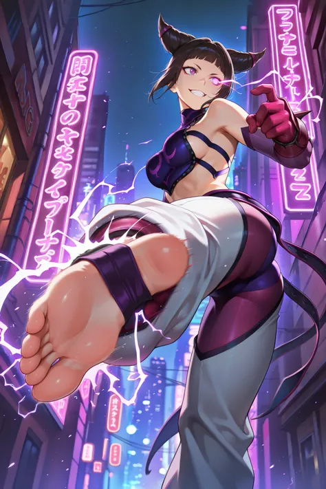 masterpiece,best quality, amazing quality, very aesthetic, 1girl, solo, absurdres, juridgog, large breasts, kicking, motion blur, one glowing eye, electricity, grin, halterneck, from behind, from below , light particles, neon lights, city, glowing, blurry ...