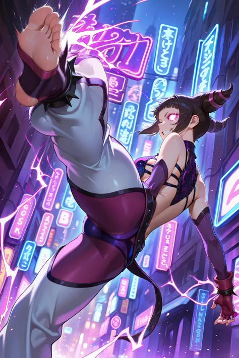 masterpiece,best quality, amazing quality, very aesthetic, 1girl, solo, absurdres, juridgog, large breasts, kicking, motion blur, one glowing eye, electricity, grin, halterneck, from behind, from below , light particles, neon lights, city, glowing, blurry ...