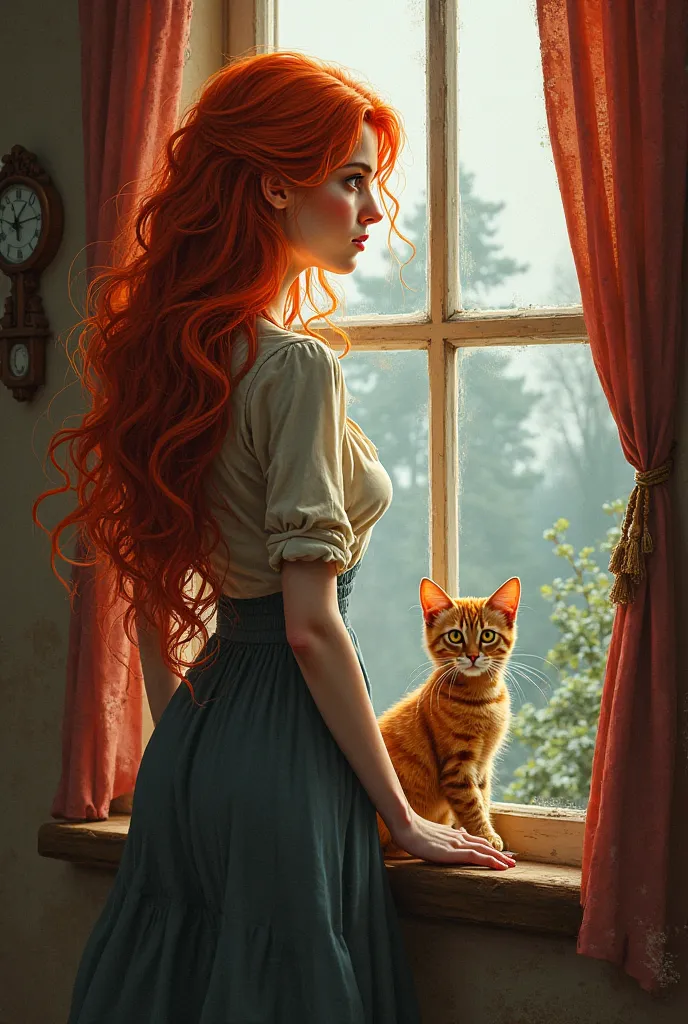 blouse a red-haired woman , Crazy Tom,  wavy hair,  At the window of the house with your pet cat 