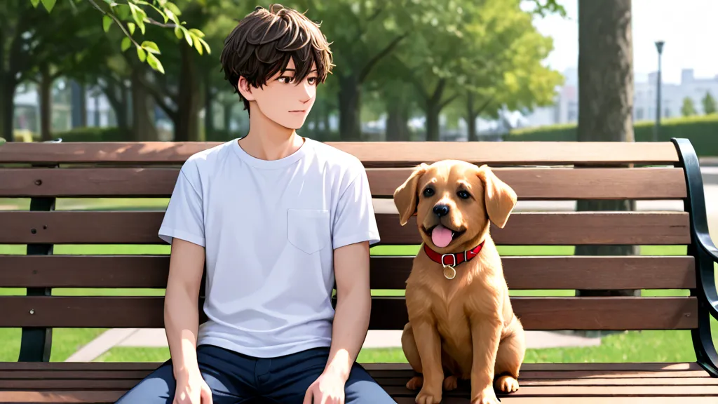 An 18 year old boy and girl are sitting on a park bench、A brown puppy came close、Photographed from the back of two、Draw faces well