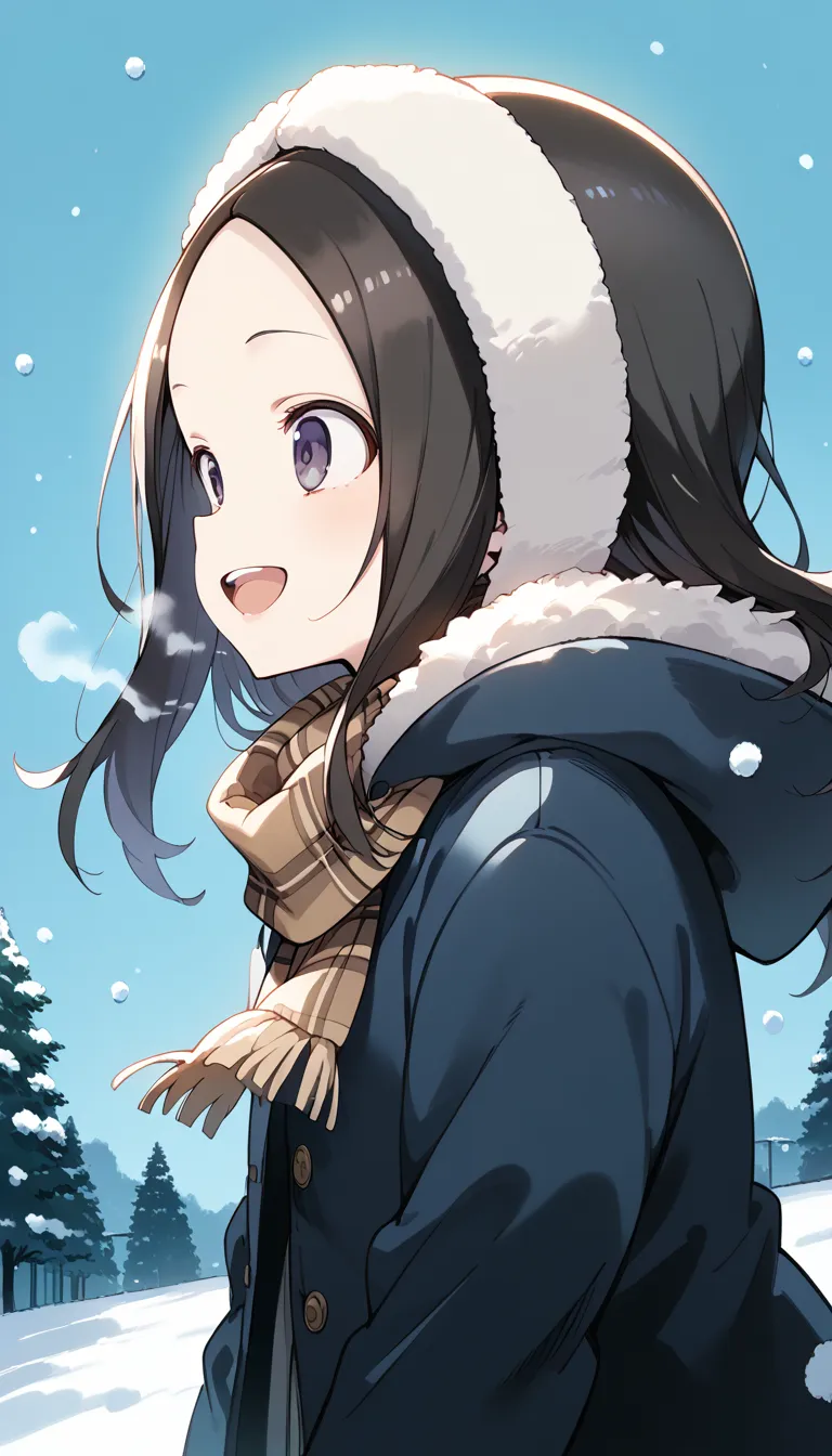 NSFW ((Takagi))1 girl who died, , Alone, , open your mouth,   black hair, purple eyes, smile, viewers,  plaid scarf , :d, , upper body, breathe, white black, Fringe trim, Brown scarf, teeth,  dutch angle, black coat, simple background, winter clothes, uppe...