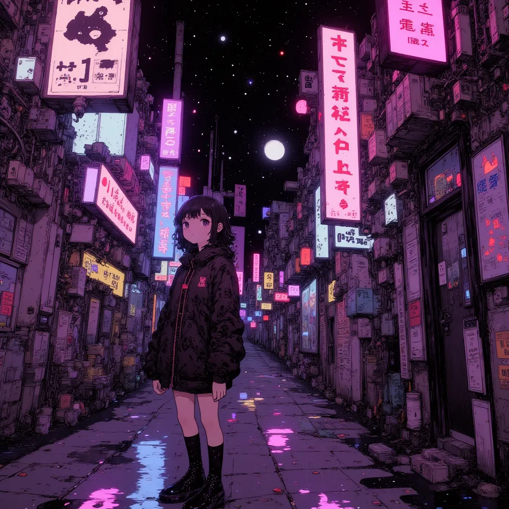 Anime-style retro girl standing alone under neon lights in a cyberpunk city. She wears a vintage oversized jacket and has wavy, shoulder-length hair that moves slightly in the night breeze. Her eyes shimmer as she looks up at the glowing signs, lost in tho...