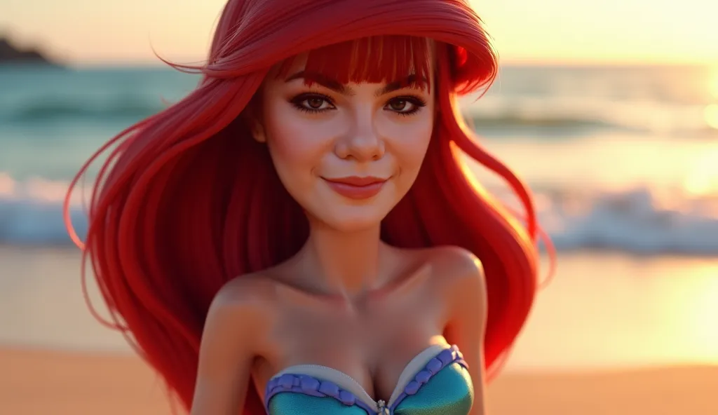 A highly realistic close up, focus face. Ariel White Disney Princesses. Realistic hair. Normal body, Curvy body, big breast. Walking. She weain the beach. The lighting is warm and cinematic, casting a soft glow on her skin. Beautiful beach. The image has a...