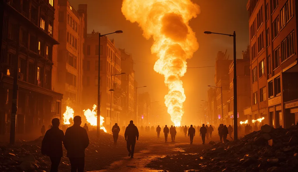 Divine punishment begins:
" from Heaven , a rain of fire and sulfur descends on the city. Explosions light up the night as huge columns of smoke and flames engulf the streets. People flee desperately through rubble and burning buildings."

