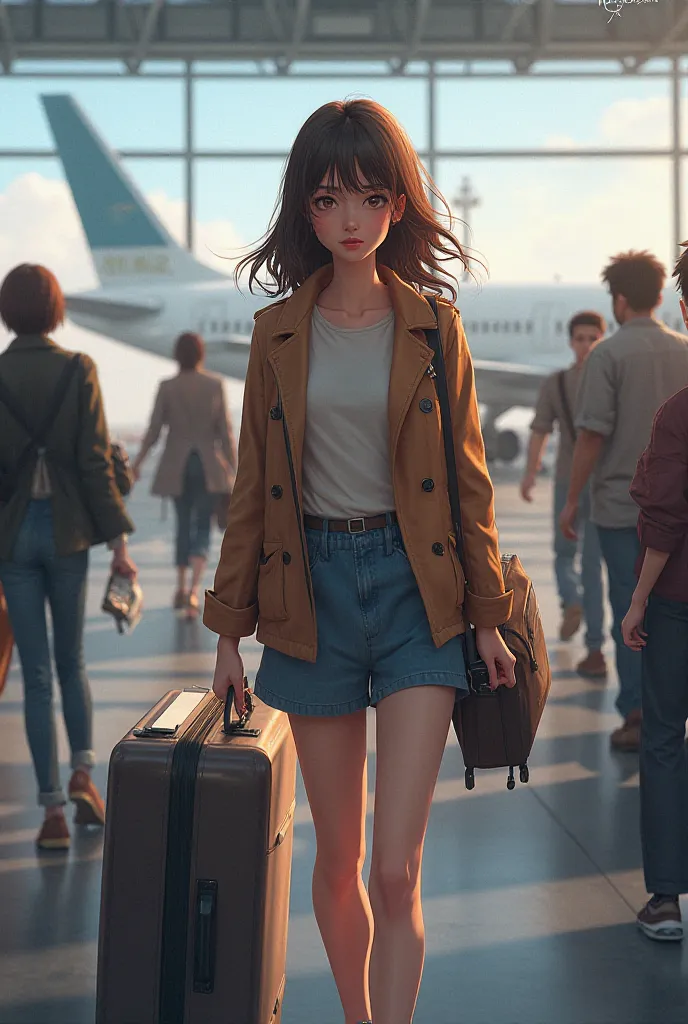 A picture of a suitcase in the hands of a brunette girl, who gets on the plane