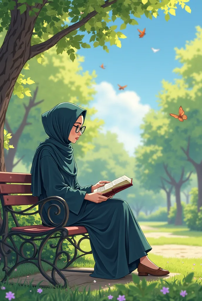 A beautiful woman wearing hijab and glasses is sitting on a bench under a tree in a garden and reading the Quran in a park during spring,  bright color flowers, birds and moths of misfortune, soft sunlight, sky bright blue color, best image , gay anime