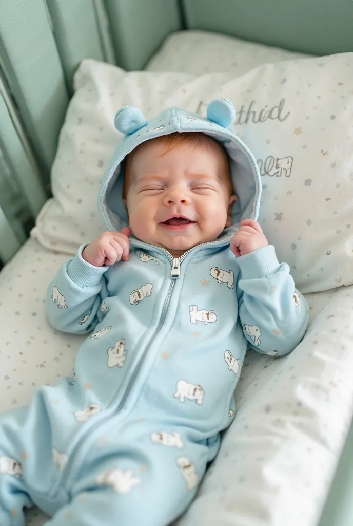 Redheaded newborn baby wearing Carter's baby light blue zip-up jumpsuit with little white bear print, chupeta azul, In a crib with white sheet embroidered in green gray crib and embroidered pillow written "Joshua" In a light green baby room