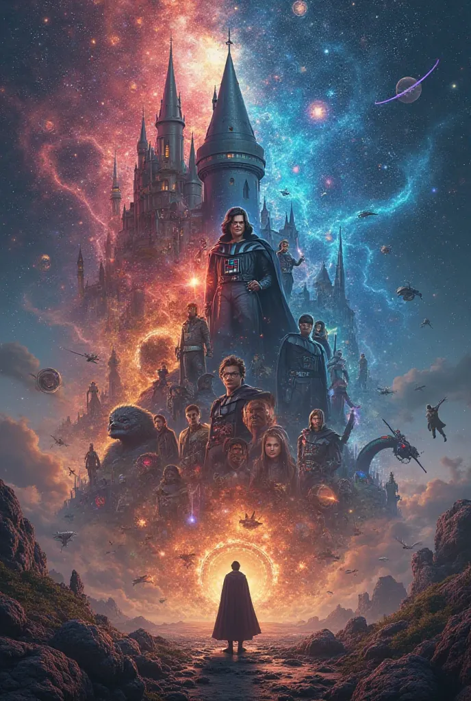 Could you make a picture where 3 universes are connected? Harry Potter, Star Wars and Marvel in one picture as if it was one