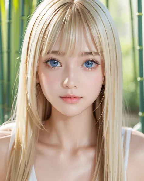 portrait on bamboo shoots、very white high school girl、Young, white, shiny skin 、Best Looks、Blonde Reflected Light 、 Platinum Blonde Hair with Dazzling Highlights 、 shiny bright hair 、 super long straight hair 、Shiny, beautiful bangs、Shining crystal clear, ...