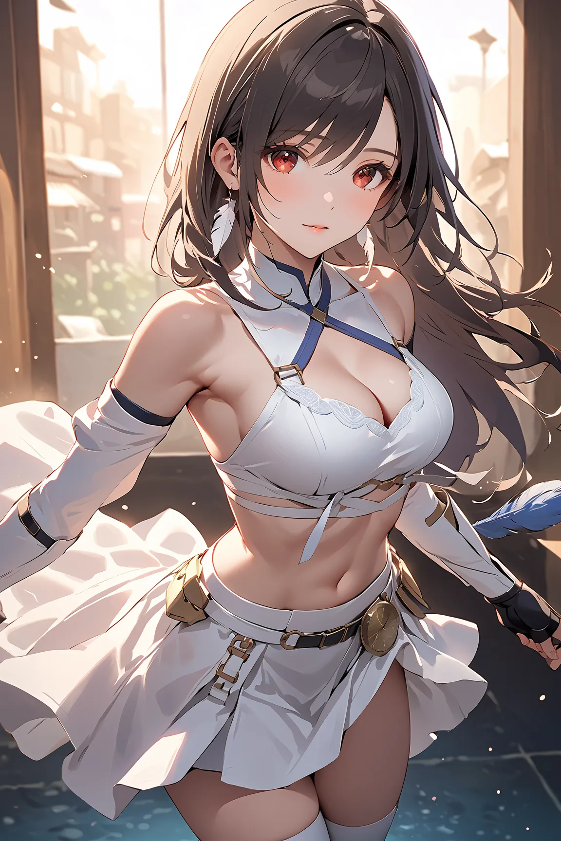 feaTif, red eyes, black hair, low-tied long hair, feather earrings, off-shoulder shirt, cleavage, armor, midriff, white straps, fingerless gloves, white skirt, long skirt, white thighhighs,

one girl,  Compatible with first-person perspective , (masterpiec...