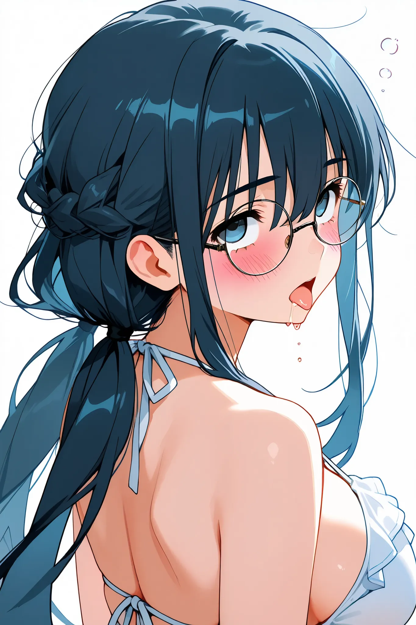 china,saori_makishima,1 female,solo,
looking at viewer,anime,

black hair,low twintails,blue hair,long hair,
half updo,hair between eyes,sleepy eyes,
blue eyes,round glasses,

white background,look up,long,
upper body,from behind,

White bikini,large breas...