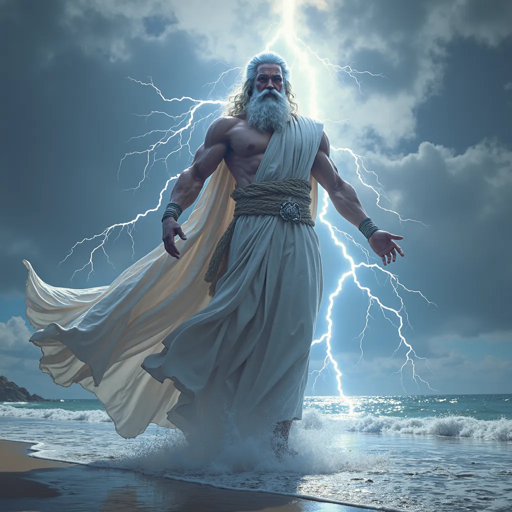 the god Zeus who was on the beach with lightning around him that looked real 