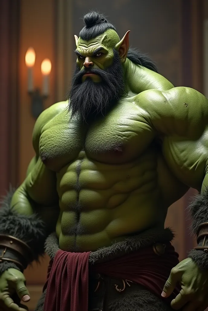 Strong Green-skinned Orc,  very large pectoral muscles,  strong physique, Muscular, 完美的解剖结构,  masterpiece,  black beard,  dark eyes ,  Strong Chin, huge biceps, shirtless, furry pectorals, alone, Excellent lighting, furry, nude, King Orc,  are very manly, ...