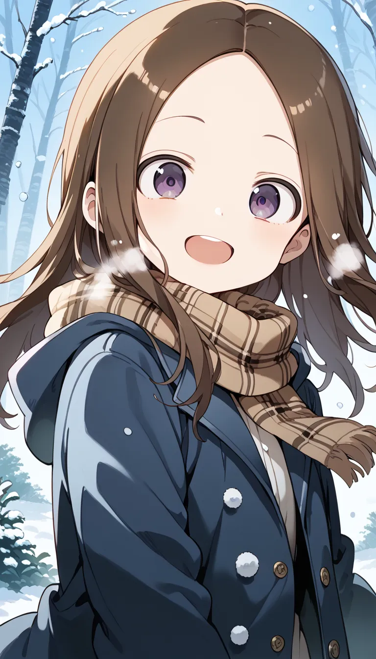 NSFW ((Takagi))1 girl who died, , Alone, , open your mouth,   black hair, purple eyes, smile, viewers,  plaid scarf , :d, , upper body, breathe, white black, Fringe trim, Brown scarf, teeth,  dutch angle, black coat, simple background, winter clothes, uppe...