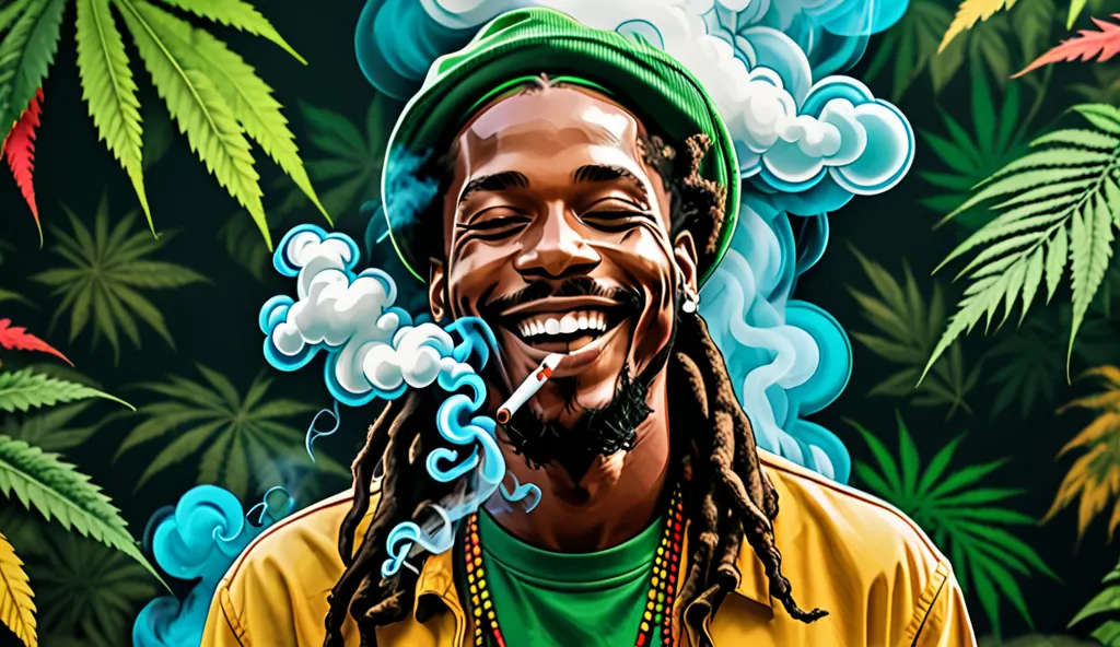 Ganja background with smoke aesthetic and reggae man smile vibes smoking ,art,high quality,8k 