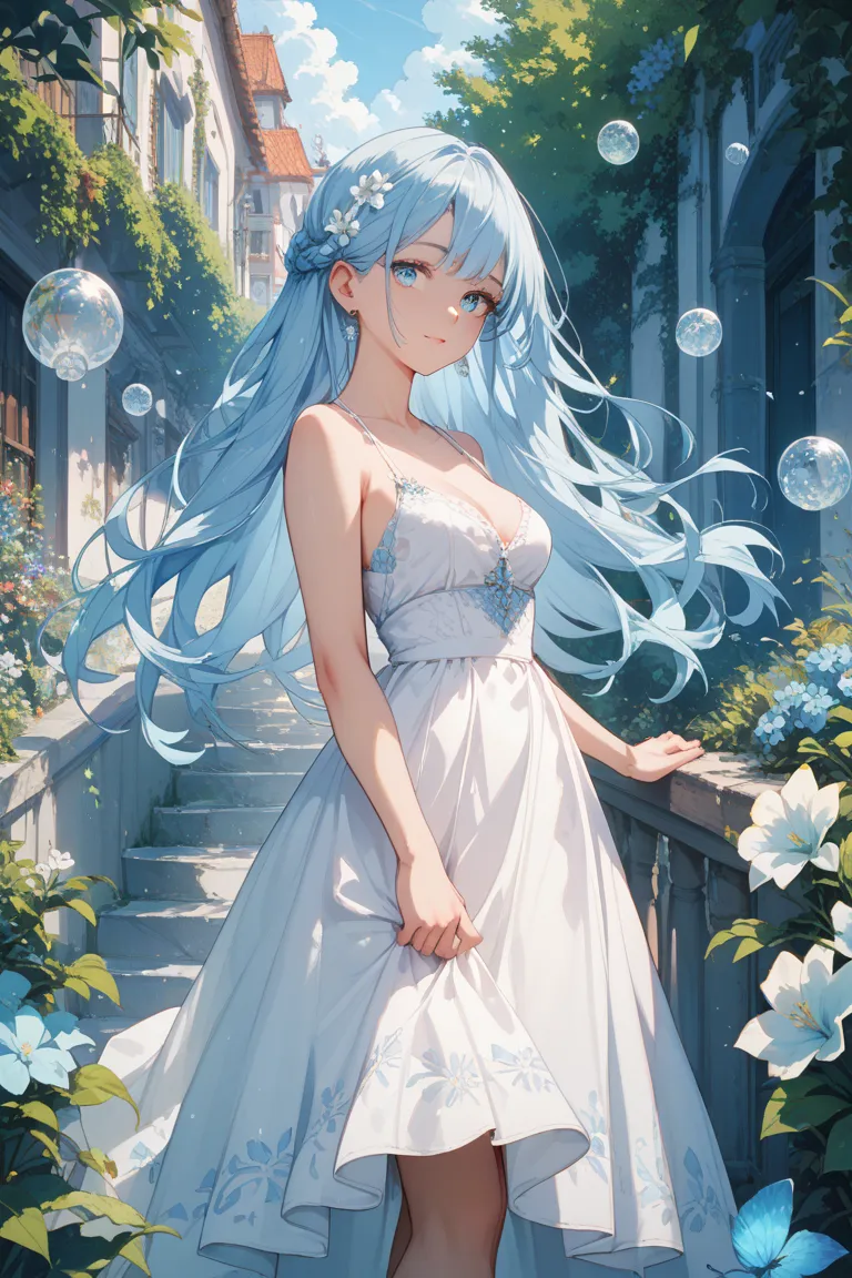 Light blue long hair, light blue eyes, white dress, no exposure, neat, spring-like