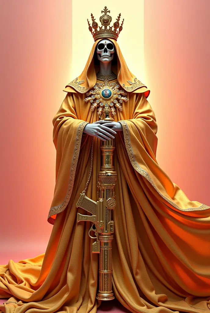 Create an artistic wallpaper image of the Mexican holy death, gold with a pink background and a golden gun