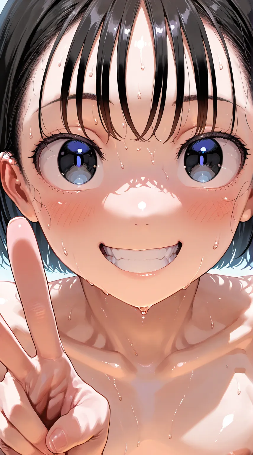 1 boy, femboy, black hair, light skin, Glossy skin , flat chest, face  focus, look at viewer, tan, choppy bangs, smile, teeth, high quality pupils, ultimate quality, captivate the world, perfect very sweat, v,