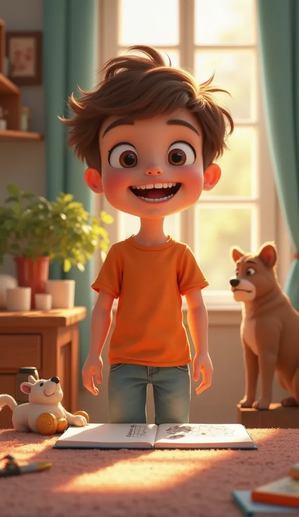 A 3D animated young boy with short, wavy brown hair and big, expressive eyes full of excitement. He has a wide, joyful smile, showing his small teeth, and his eyebrows are slightly raised, enhancing his cheerful expression. His skin is smooth and slightly ...