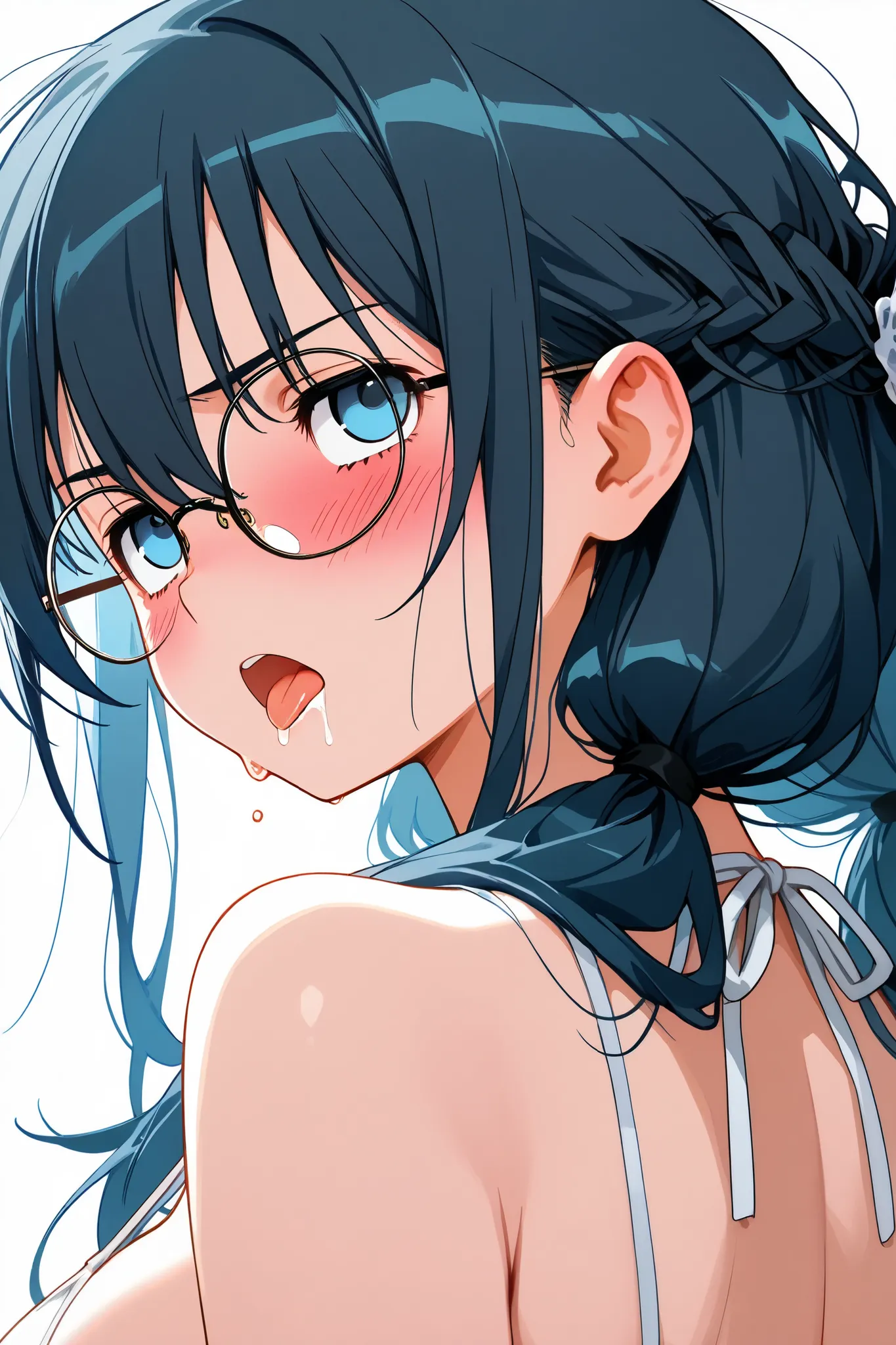 china,saori_makishima,1 female,solo,
looking at viewer,anime,

black hair,low twintails,blue hair,long hair,
half updo,hair between eyes,sleepy eyes,
blue eyes,round glasses,

white background,look up,long,
upper body,from behind,

White bikini,large breas...