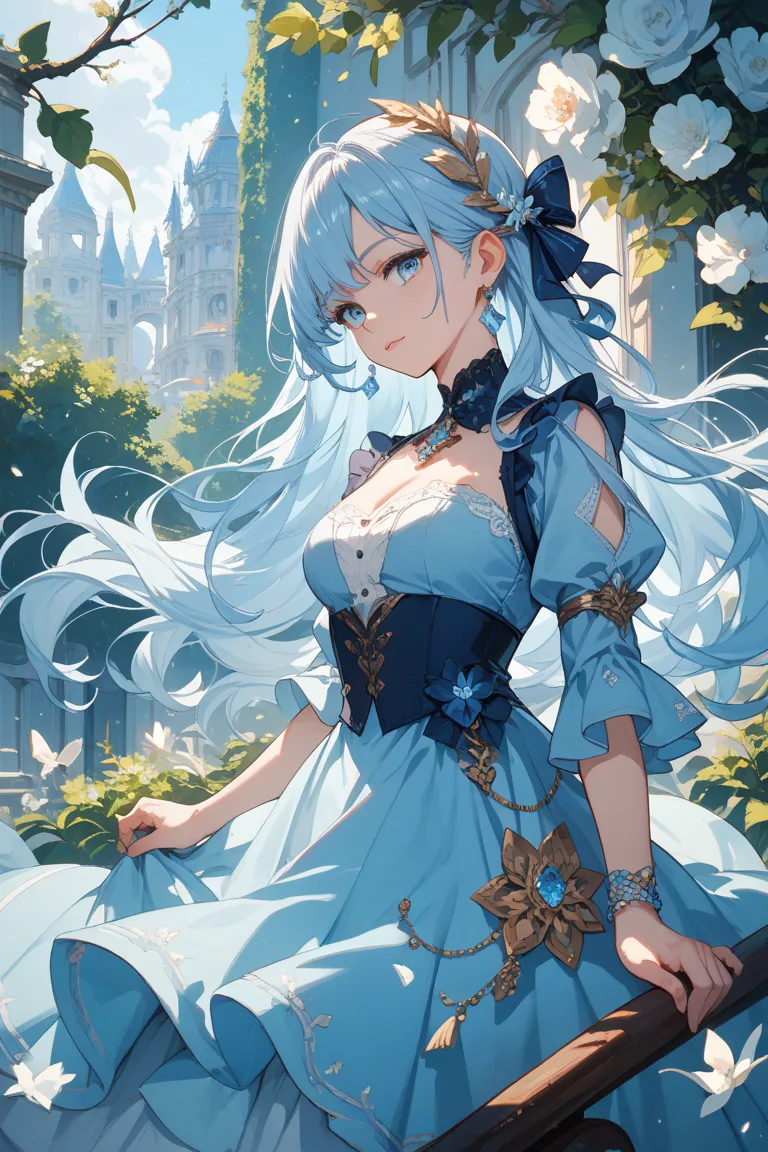 Light blue long hair, light blue eyes, white and dark blue dress that doesn't show off, looks neat and spring-like