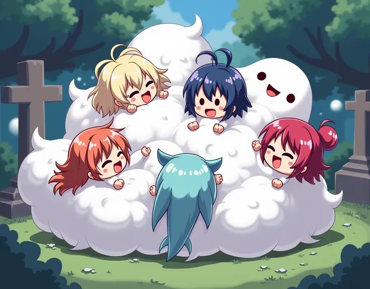 An anime-style illustration depicting many ghost-girls playfully wrestling with each other inside a cemetary comical fight cloud.
each ghost-girl has different colored hair.
their faces,hands,and feet are visible emerging from the cloud as they tussle humo...