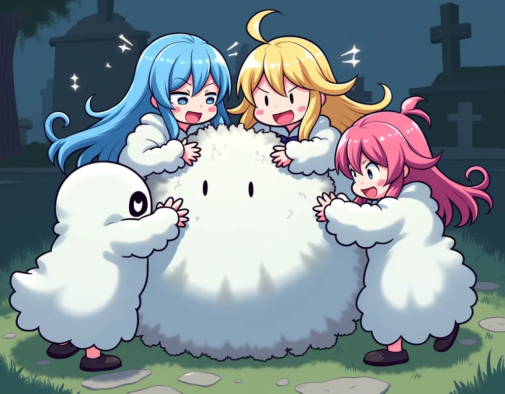 An anime-style illustration depicting many ghost-girls playfully wrestling with each other inside a cemetary comical fight cloud.
each ghost-girl has different colored hair.
their faces,hands,and feet are visible emerging from the cloud as they tussle humo...