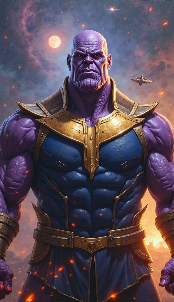 A hyper-realistic, high-detailed oil painting of Thanos, the Mad Titan, standing in a dominant stance, facing directly forward. Three-quarters of his massive, muscular body is visible, showcasing his raw power. His deep purple skin is richly textured with ...