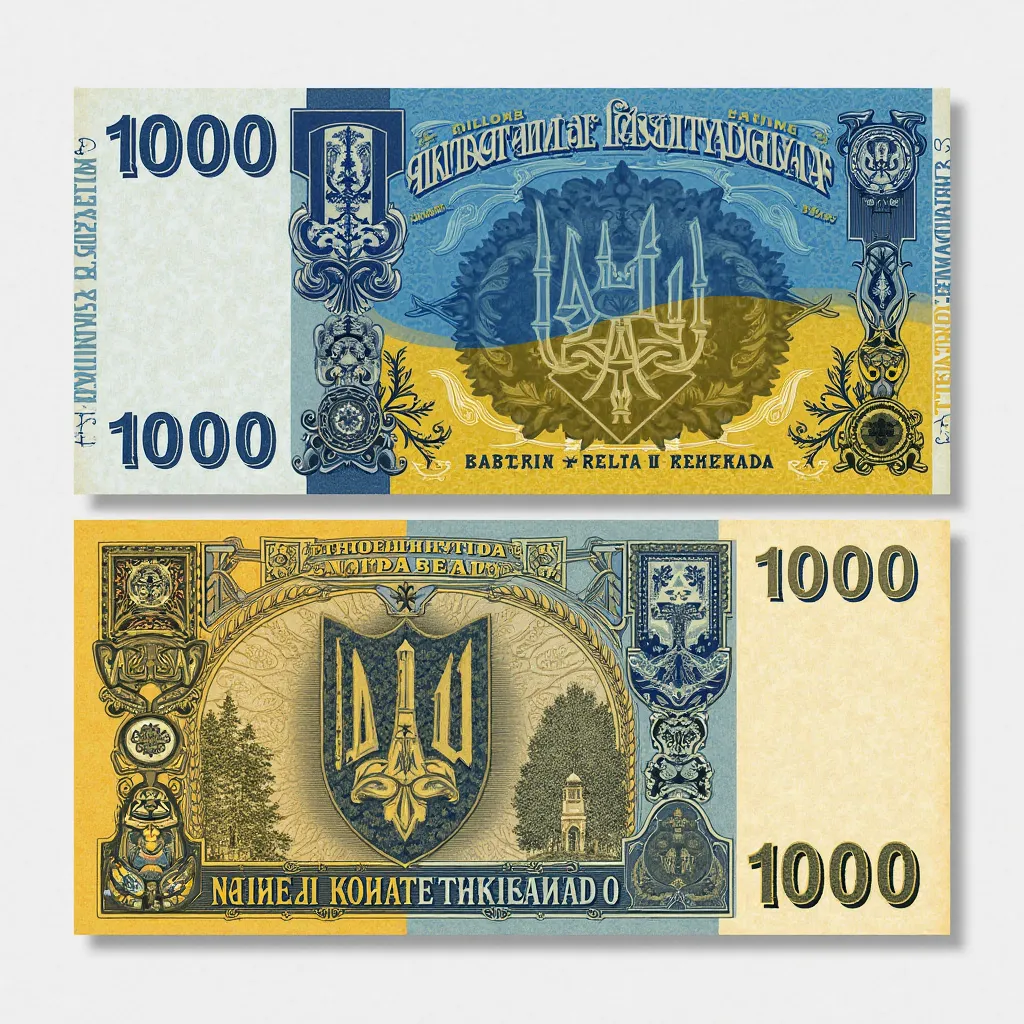 Souvenir money is 8 centimeters wide and 16 centimeters long , 1000 in Ukrainian style in yellow and blue colors with the Coat of Arms of Ukraine.