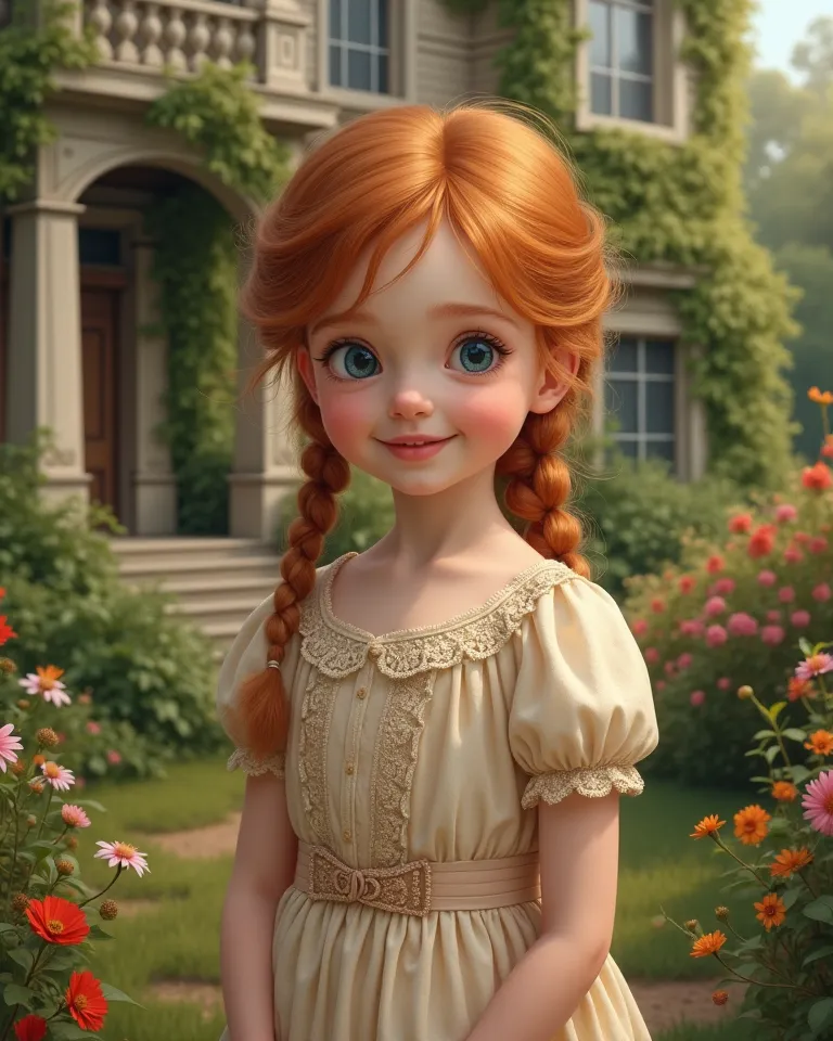 Smiling girl, about five years old, with reddish hair and blue eyes, wears a dress from 1860, is in the garden of a house of the time. 