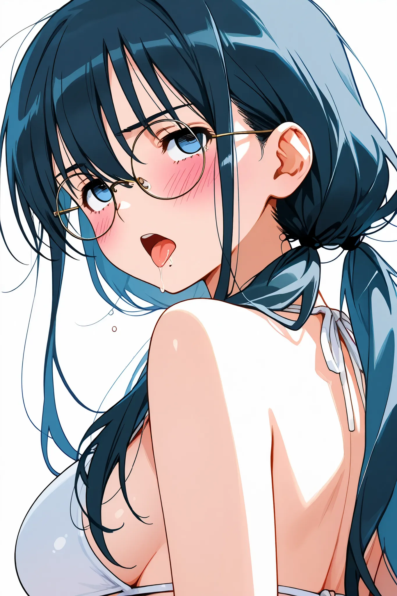 china,saori_makishima,1 female,solo,
looking at viewer,anime,

black hair,low twintails,blue hair,long hair,
half updo,hair between eyes,sleepy eyes,
blue eyes,round glasses,

white background,look up,long,
upper body,from behind,

White bikini,large breas...