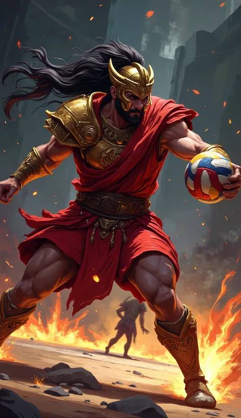 greek god ares, god of war, ((playing volleyball:2)), volleyball ball, background is volleyball court, ((professional volleyball player pose defensive)), ((Receives the ball)), (((defending court))), (((defending))), 4K, high details, (digital painting), (...