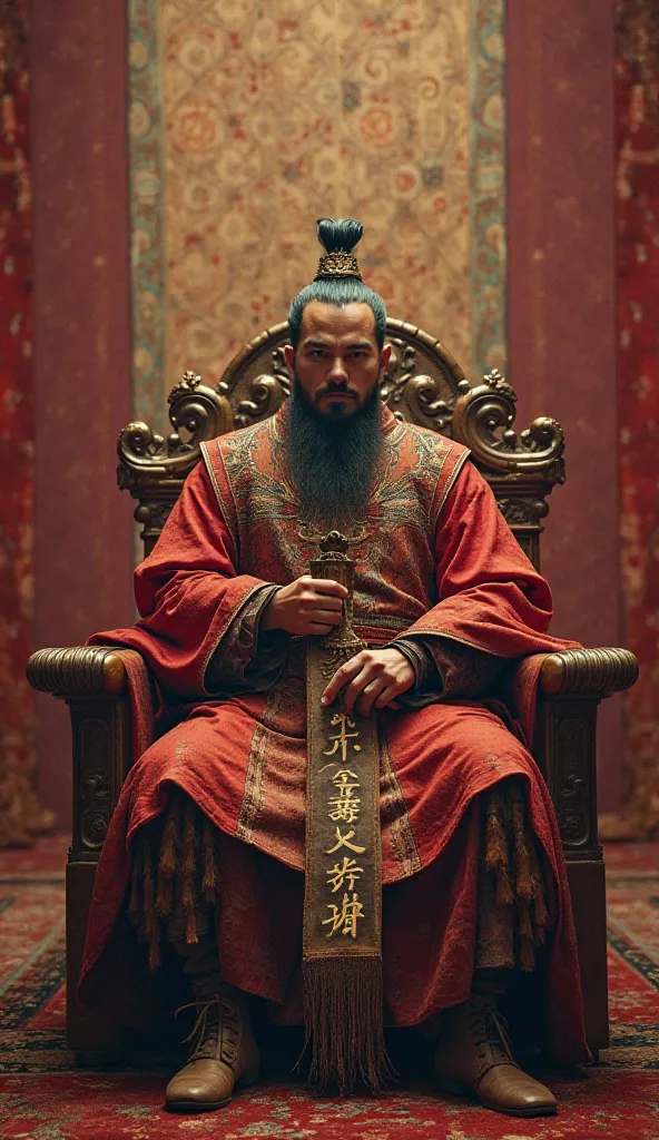 Create a vivid image of Genghis Khan sitting on a throne, holding a whistle with the laws inscribed on it, set against a warm, soft-toned background with subtle red accents, conveying a sense of regality, wisdom, and authority, with attention to detail on ...