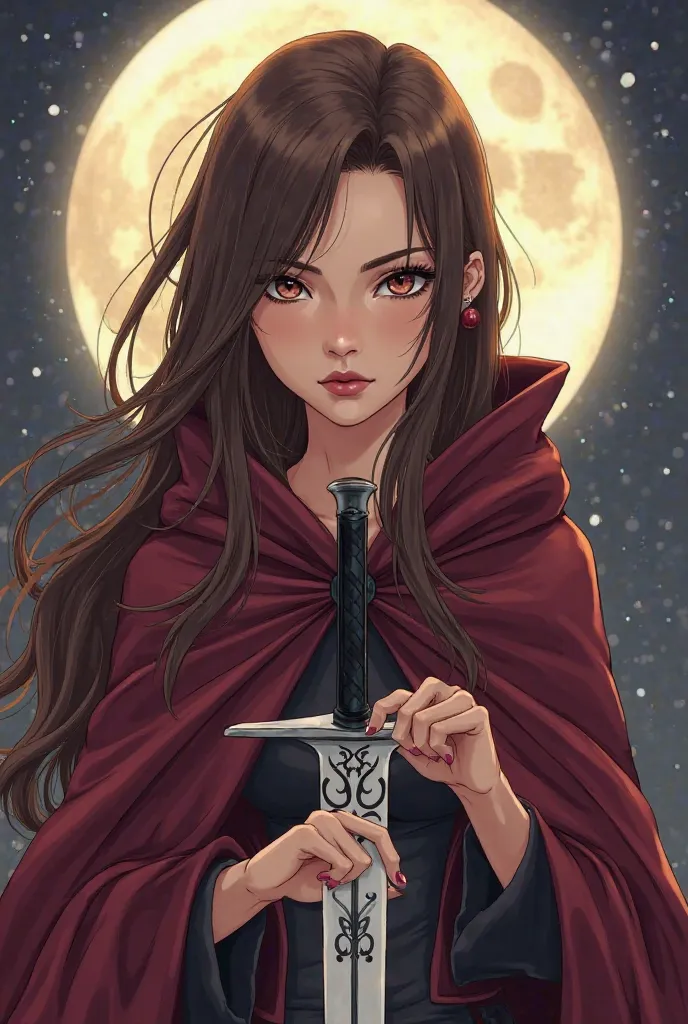 /imagine Eine Anime-Illustration im "Demon Slayer"-Style shows a woman with long, brown hair and side parting.  she has brown eyes, accentuated by black mascara and black eyeliner, and lipstick in nude shades. She is wearing a burgundy cape and holding a s...