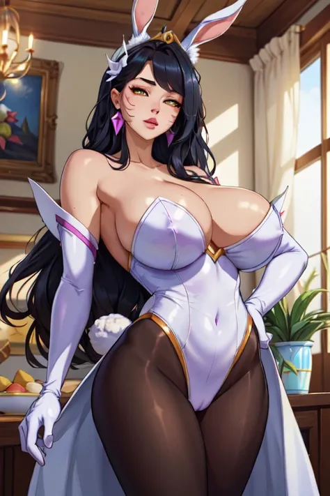 (masterpiece, best quality, absurdres, 4k, aesthetic, detailed, intricate),1girl,nikkecrwn,tiara, hair ribbon, black hair, 
 Ahri from League of Legends,   pantyhose, earrings, fake rabbit ears, leotard, fake animal ears bunny, long white elbow gloves, whi...