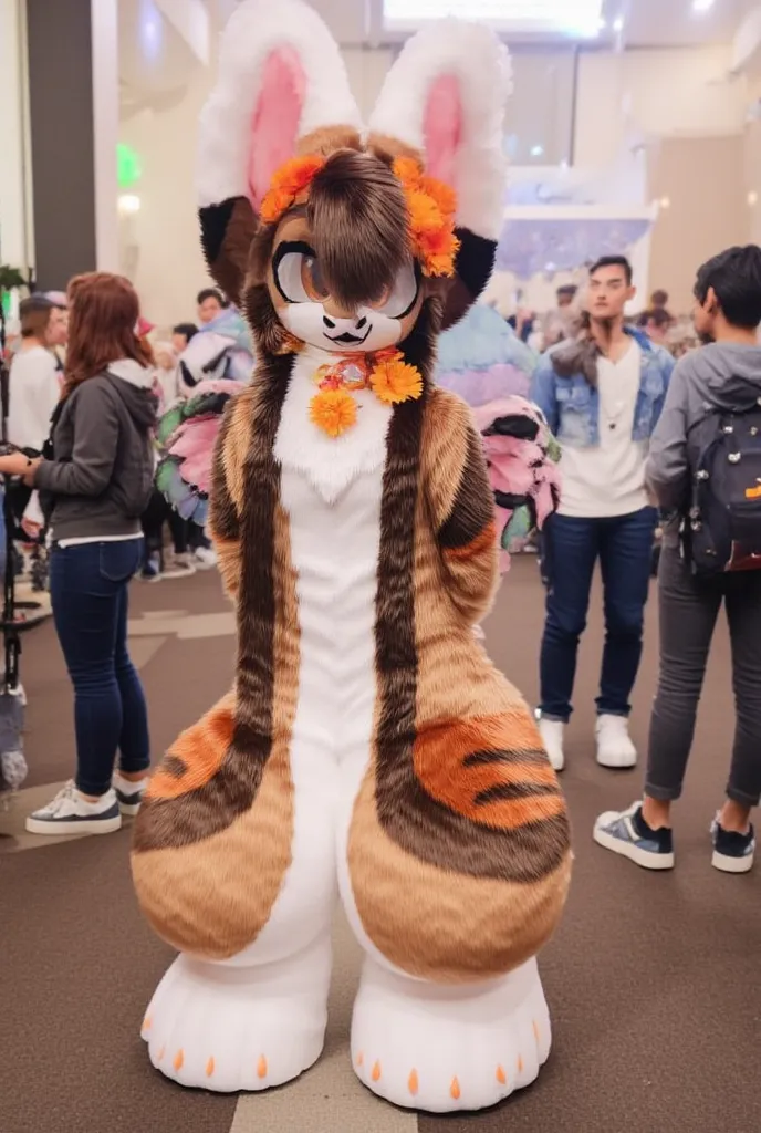 cute autumnal fennec fox girl with long dark brown hair, with intense eyelashes, orange flower crown, in a convention center, with angel wings, hands behind her back, orange eyes, black nose