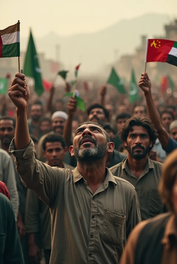 "Create a highly detailed and cinematic video capturing an emotional and impactful scene set in Pakistan. The setting is a crowded public space—perhaps a town square, a marketplace, or near a border checkpoint—where a large group of Pakistani citizens, vis...