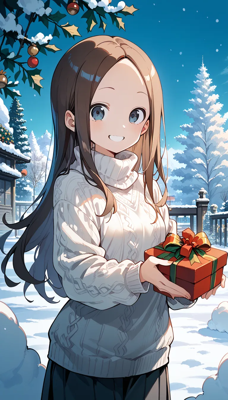 NSFW ((Takagi))(best quality , 8k , masterpiece) , Winter Painting ,  Anime Girl , new year , Christmas , has a wreath , ( happy , smile) white sweater , new year's atmosphere . snow ,long hair