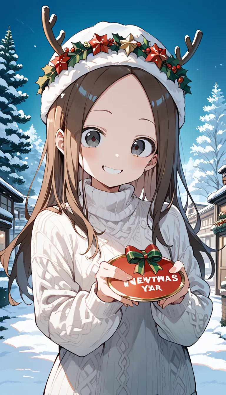 NSFW ((Takagi))(best quality , 8k , masterpiece) , Winter Painting ,  Anime Girl , new year , Christmas , has a wreath , ( happy , smile) white sweater , new year's atmosphere . snow ,long hair