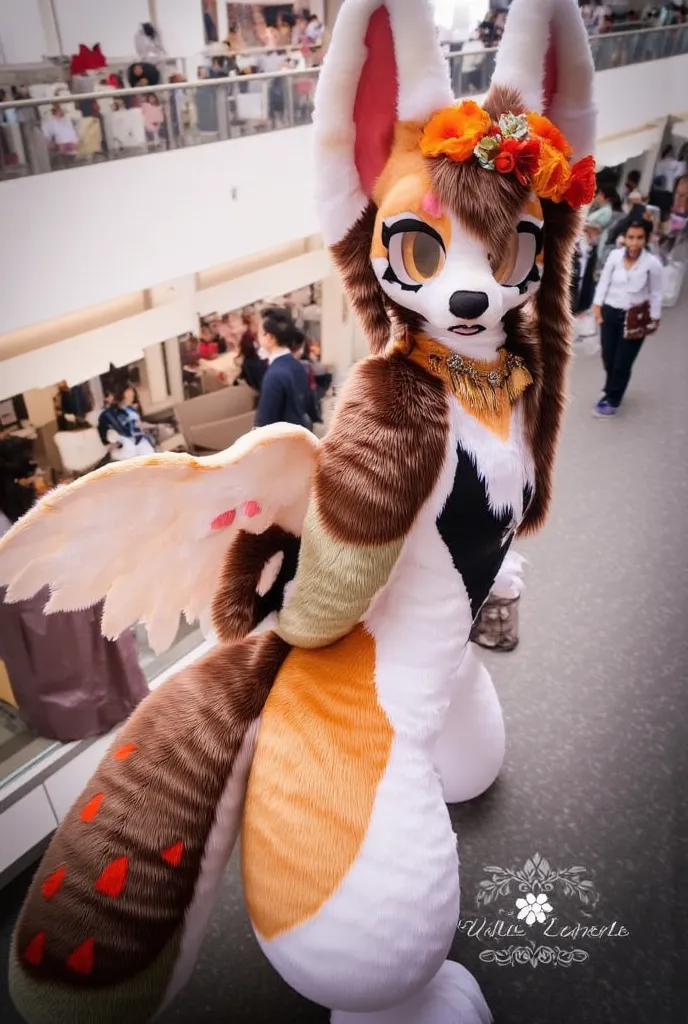 cute autumnal fennec fox girl with long dark brown hair, with intense eyelashes, orange flower crown, in a convention center, with angel wings, hands behind her back, orange eyes, black nose