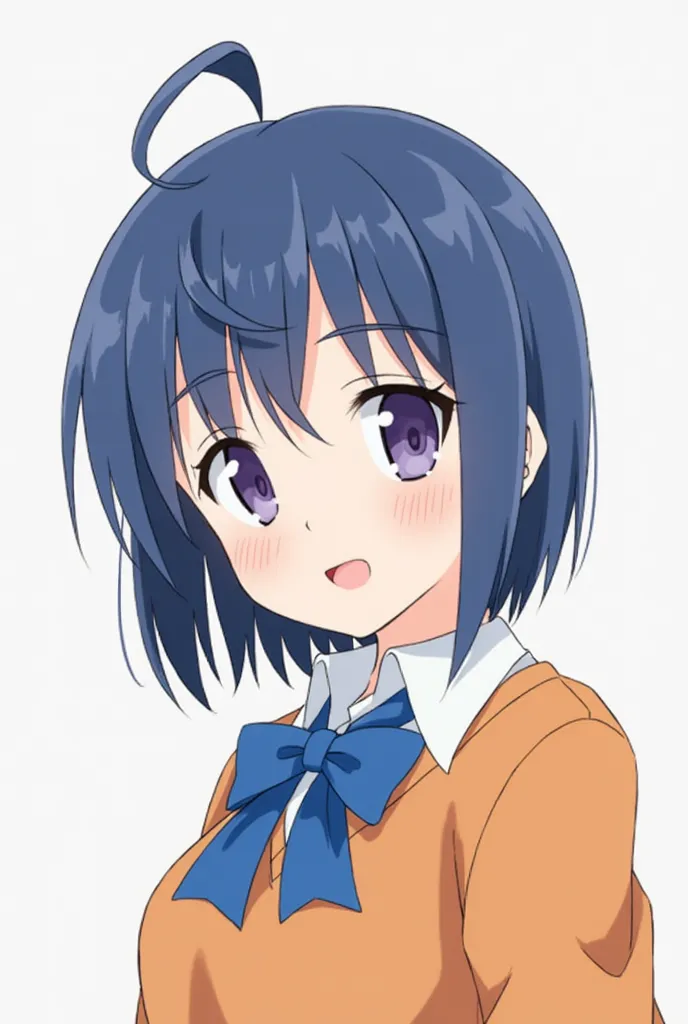 Mio is a age girl of average height who has short blue hair. Her hair has a single strand of hair sticking up, and she has purple eyes.

She is usually seen wearing the school uniform with a blue bowtie and orange shirt. Like all the other first year