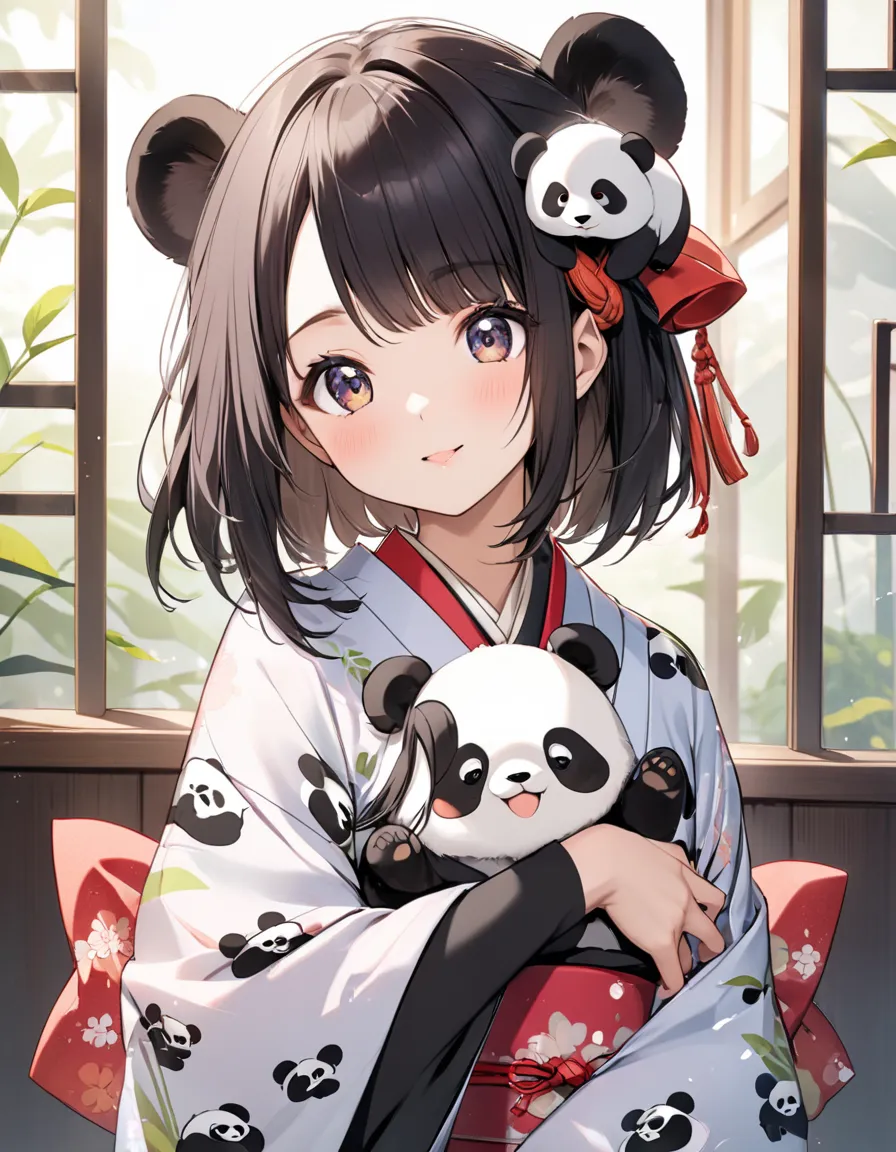  woman wearing kimono , cute panda