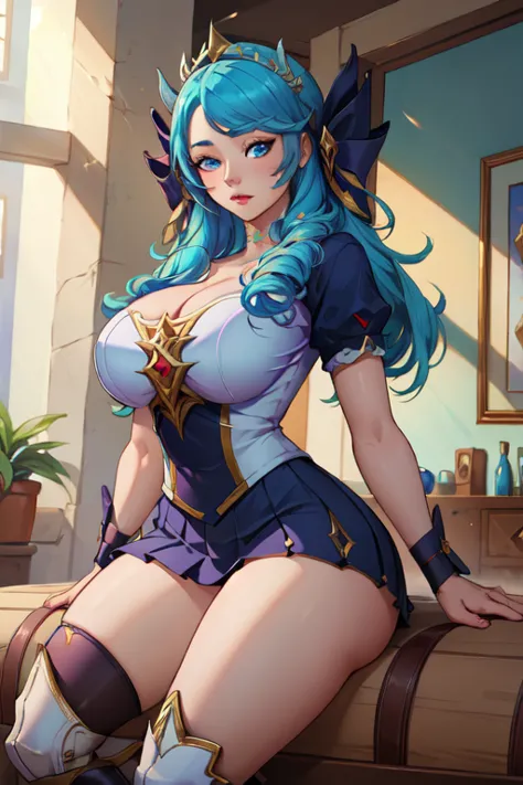 (masterpiece, best quality, absurdres, 4k, aesthetic, detailed, intricate),1girl,nikkecrwn,tiara, hair ribbon, blue hair,
Gwen from League of Legends, equestrian uniform,Riding skirt,thigh high boots







