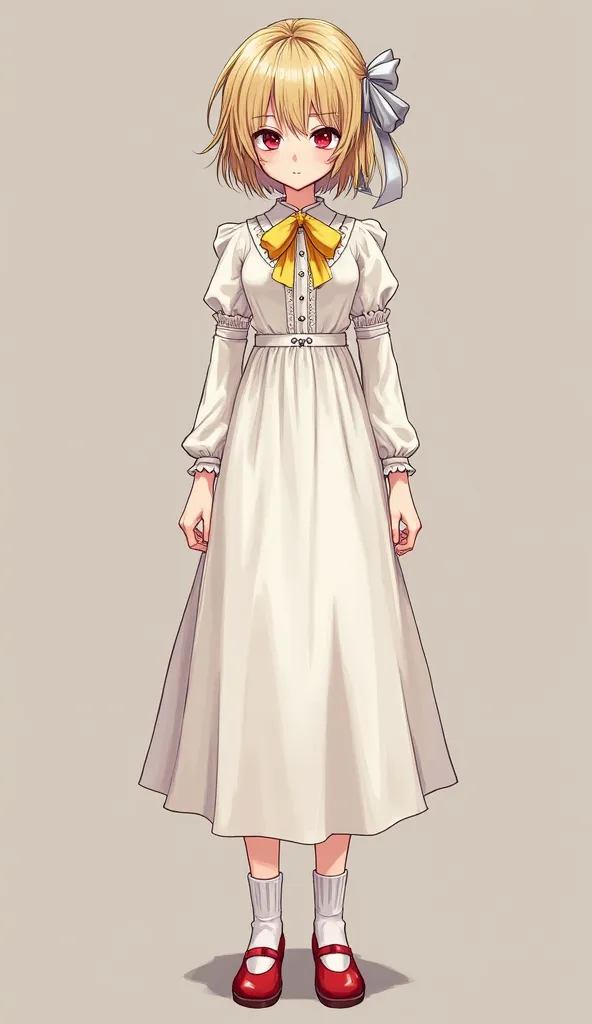 She has short, messy blonde hair low ponytail tied with a Silver bow.
Her eyes are red, giving her an intense or slightly mischievous look.
She wears a long white dress and elegant look, along with a yellow bow at the collar.
She has white socks and red sh...