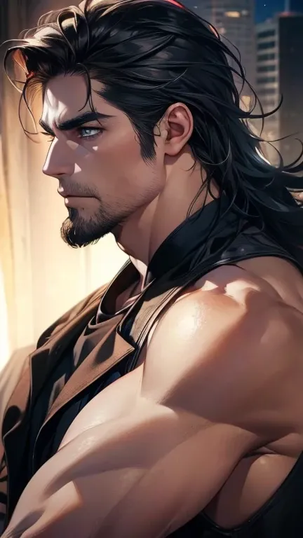 (    thighs,4K,8k,    highres,    masterpiece :1.2),    ultra-detailed    ,(Realistic,photoRealistic,photo-Realistic:1.37),36-year-old man,3 day beard,Beautiful anime,Portraits,strong,masculine,       with black hair  ,sharp jaw,         mesmerizing eyes  ...