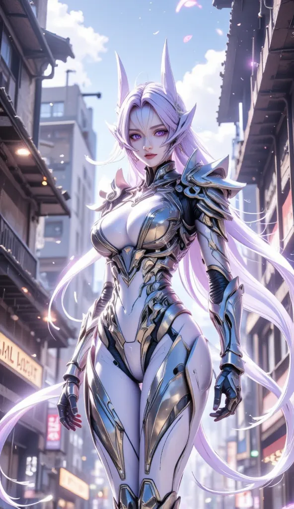 1 girl, Kafka,  Honkai: Star Trail, sensitive, One, purple stripes, purple monochrome eyes, white tight suit, mecha armor chest, mecha armour arm, mecha leg armor with heels, two support drones behind your back, destroyed multi-storey buildings, cowboy sho...