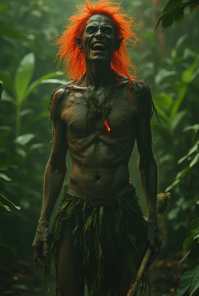  an indigenous Brazilian ,  boy, s, standing, shirtless, Muscular.  greenish skin. Cabelos do peito reds, pelos dos braços reds, pelos das pernas reds. Wearing a thong with lots of green leaves. fire hair, on fire, long, messy, red. wind in the hair. Sawed...