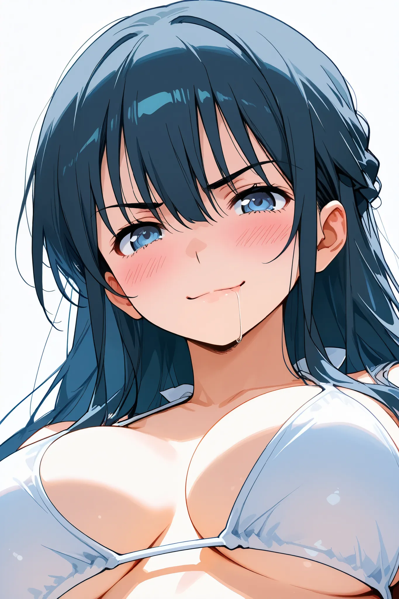 china,saori_makishima,1 female,solo,
looking at viewer,anime,

black hair,blue hair,long hair,straight hair,
half updo,hair between eyes,
blue eyes,

white background,look up,long,
upper body,from below,

White bikini,large breast,

very angry,evil smile,b...